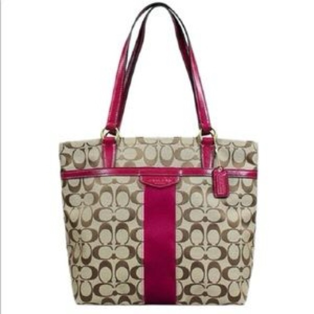 Coach Signature Print Tote, Khaki/Fuscia